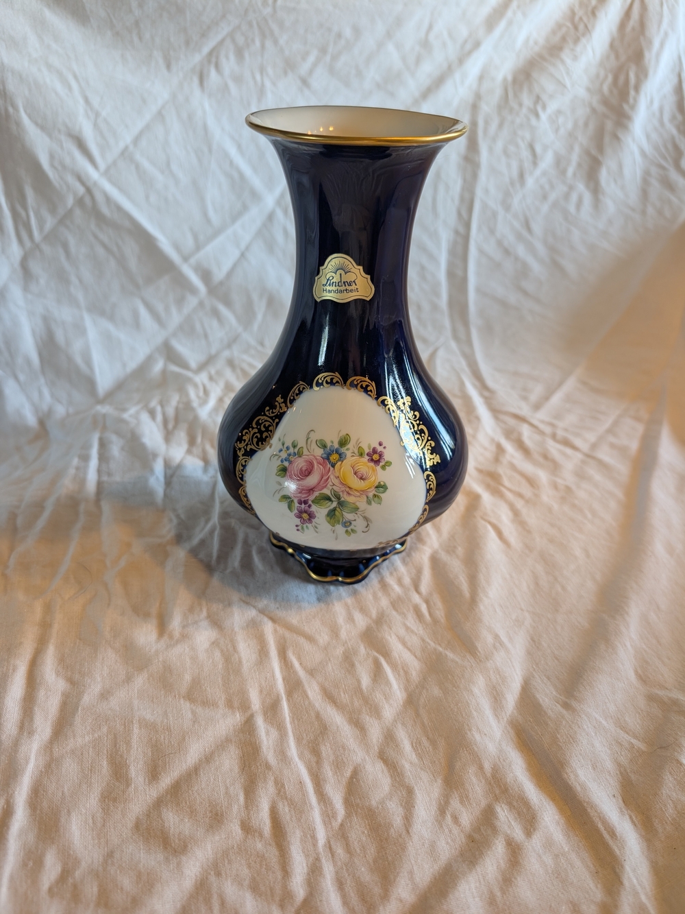 2/120$ Vintage Cobalt Blue and White Porcelain Vase with Gold Trim